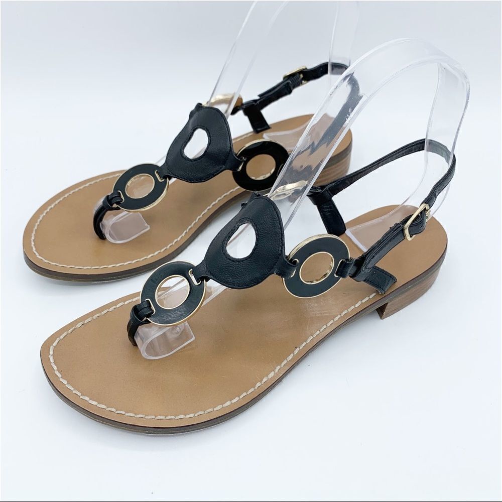 Michael Michael Kors Thong Black Flat Sandals w/Gold/Black‎ Disk Accent 7.5
